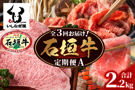 [全3回 定期便A] 石垣牛特選 焼肉・サーロインステーキ・すきしゃぶ 計2.2kg (いしなぎ屋)[ 特選肉 肉 高級 黒毛和牛 和牛 牛 サーロイン ステーキ すき焼き しゃぶしゃぶ]AB-29