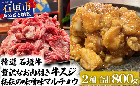 特選石垣牛の牛スジと秘伝の味噌味マルチョウをご家庭で!!牛スジ500g、味噌味マルチョウ300gのセット | 沖縄 石垣 牛スジ マルチョウ ホルモン 牛 肉 特選 黒毛 和牛 贅沢 秘伝 ミソ 味噌 家庭用 |