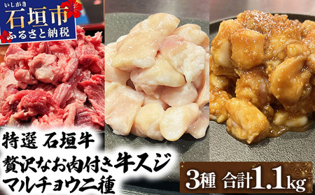 特選石垣牛の牛スジとマルチョウ、秘伝の味噌味をご家庭で!!牛スジ500g、マルチョウ300g、味噌味マルチョウ300gのよくばりセット 