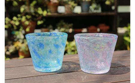 [ガラス工房雫]泡花口広カップ[朝顔&紫陽花]2個セット