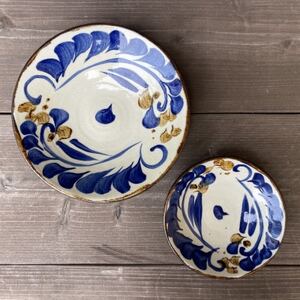 やちむん 唐草紋様(染付)青 2点セット[5寸皿・7寸皿]