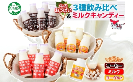 784.牛のおっぱいミルク 5本 コーヒーミルク5本 のむヨーグルト5本 計15本 おっぱいミルクキャンディー1個 セット 牛乳 生乳 ミルク 牛 酪農 飲料 しぼりたて 珈琲 ヨーグルト 飴 お取り寄せ ギフト gift 渡辺体験牧場 まとめ買い 北海道 弟子屈町