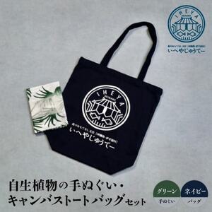 自生植物の手ぬぐい(グリーン)と[キャンバストートバッグ]ネイビー