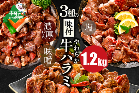 北海道 別海町 3種 の 味付け ハラミ 1.2kg(塩400g×1パック・味噌400g×1パック・醤油400g×1パック)[NS0000031]