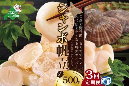 [毎月定期便] 北海道 野付産 漁協直送 冷凍ホタテ 貝柱 ジャンボホタテ500g×3ヶ月( ほたて ホタテ 帆立 貝柱 玉冷 北海道 野付 人気 ふるさと納税ふるさと納税 )