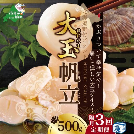 隔月3回定期便　北海道 野付産 漁協直送 冷凍ホタテ 貝柱 大玉ホタテ500ｇ 【NKB03NF01】 （ ほたて ホタテ 帆立 貝柱 ホタテ貝柱 北海道 野付 大粒 ）