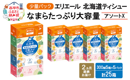 定期便 2ヵ月連続お届け エリエール ハーフサイズ 収納に便利 コンパクト 少量5パック [アソートX] 北海道ティシュー 300組 5箱×5パック 計25箱 なまらたっぷり 大容量 防災 常備品 備蓄品 消耗品 日用品