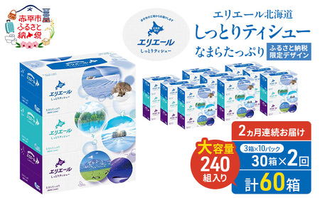 [2ヵ月連続お届け・計60箱]エリエール 北海道 しっとりティシュー なまらたっぷり 240組3箱 10パック ふるさと納税限定デザイン ボックスティシュー 箱ティッシュ ペーパー 備蓄品 花粉 保湿成分