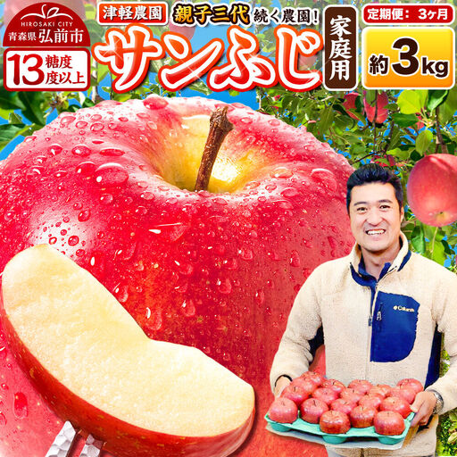 [27年1月〜発送][定期便3ヶ月]りんご サンふじ[家庭用]約3kg 8〜12玉程度[糖度13度以上]津軽農園