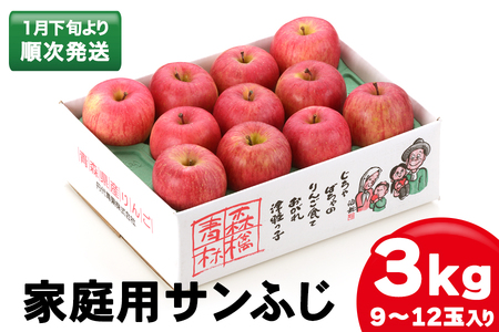 家庭用りんご サンふじ 3kg (9～12玉入り 3kg 1箱) ～見た目にわけあり 味はそのまま～｜青森 津軽 つがる リンゴ 訳あり 果物 旬 [0341]