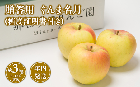 年内発送 贈答用ぐんま名月約3kg(糖度証明書付き) [那由多のりんご園・平川市産]