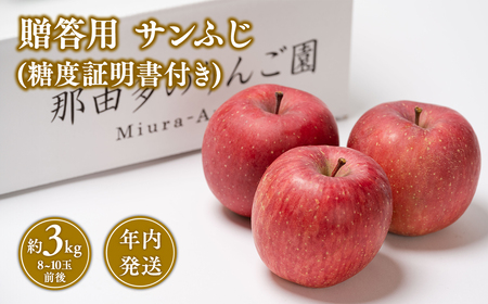 年内発送 贈答用サンふじ約3kg(糖度証明書付き) [那由多のりんご園・平川市産]