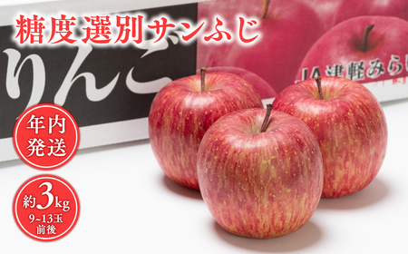 年内 蜜入り 糖度選別サンふじ約3㎏ 【JA津軽みらい・平川市産・青森りんご・12月】