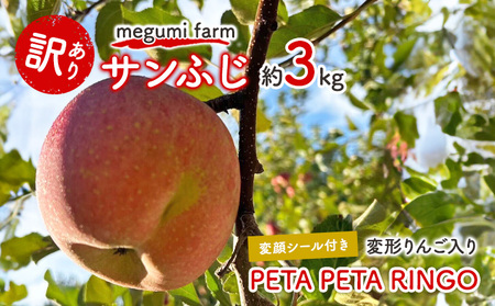 [変顔シール付き 変形りんご入り] 青森県鰺ヶ沢町産 訳あり サンふじ 約3kg (8〜9玉) PETA PETA RINGO