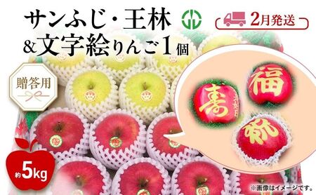 りんご [ 2月発送 ] 贈答用 サンふじ ・ 王林 + 文字絵入りりんご1個 約 5kg
