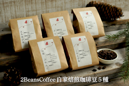 北海道三笠市 2 Beans Coffeeカフェ 自家焙煎 珈琲豆セット（１００g×５種類）【01055】