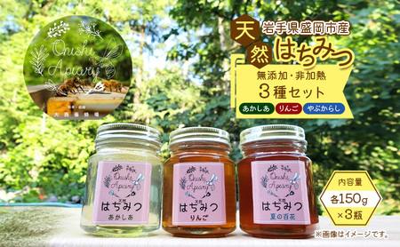 盛岡市 大西養蜂場 盛岡産はちみつ[かわいい 六角瓶 150g 3種セット] 国産 リンゴ 林檎 りんごはちみつ 非加熱 非加熱 ハチミツ 蜂蜜 国産 アカシア蜂蜜 岩手 岩手県