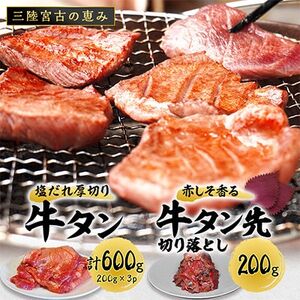 宮古の塩だれ厚切り牛タン600g(200g×3)・宮古の赤しそ香る牛タン先切り落とし200g[配送不可地域:離島]