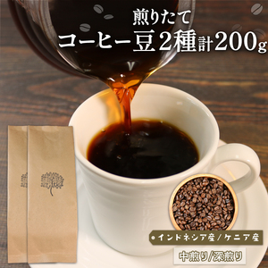 自家焙煎 コーヒー 豆 200g (インドネシア100g/深煎り、ケニア100g/中煎り)