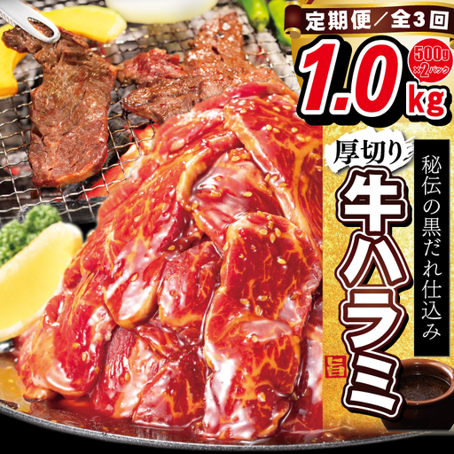 【定期便3ヶ月】厚切り牛ハラミ1kg（500g×2パック） 【2427】