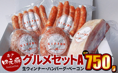 GIFTON 四元豚 4種グルメセットA ウィンナー ハンバーグ ベーコン750g 豚肉 国産 ギフト お歳暮 お中元 プレゼント 贈答 焼肉 バーベキュー キャンプ 料理 おつまみ 晩酌 お弁当 冷凍 オリジナルボックス 包装 のし [ 岩手県 北上市 ごえん株式会社 D0460 ]