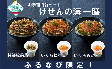 [ふるなび限定]お試し特別価格 ご飯に合う 海鮮丼の具 3種セット けせんの海 一膳 [松前漬 / いくら松前漬 / いくらめかぶ ] ご飯のお供 冷凍 おつまみ カップ 小分け 海鮮 RT2796 FN-Limited