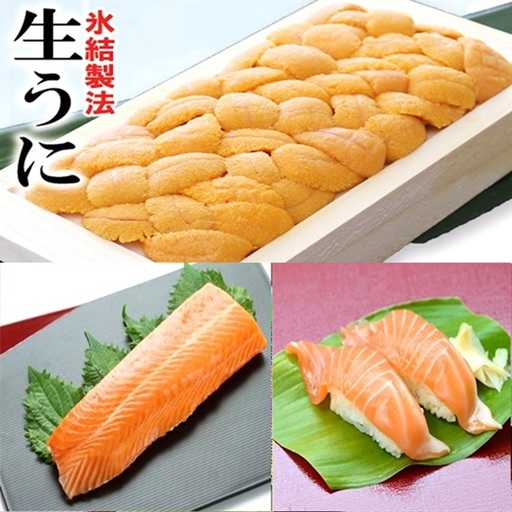 冷凍エゾバフンウニ約100g×1折(赤系)・お刺身サーモン300g～500g(1～3本)[11月上旬以降発送] C-71031