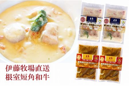 [12月17日決済分まで年内配送]鮭・ほたて・花咲蟹シチュー2P、牛すじカレー2Pセット A-13008