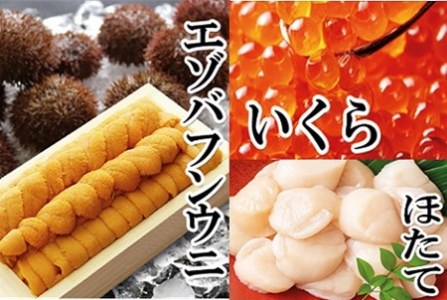 エゾバフンウニ140g×1折、いくら醤油漬け150g×1P、お刺身ホタテ貝柱500g×1P E-40003[2025年1月下旬以降発送]