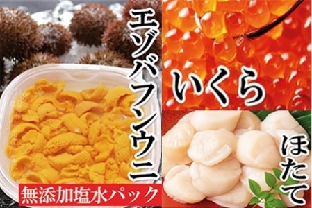 エゾバフンウニ塩水パック150g×1P、いくら醤油漬け150g×1P、お刺身ホタテ貝柱500g×1P E-40004[2025年1月下旬以降発送]