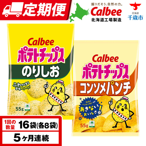 【定期便5カ月】カルビーポテトチップス 2種セット コンソメパンチ・のりしお 各8袋 《千歳工場製造》