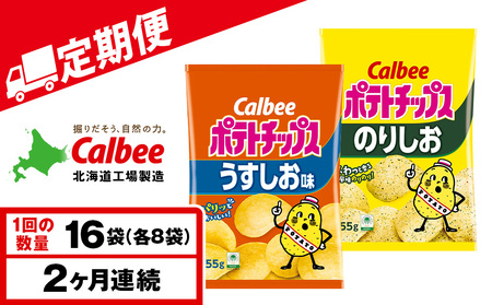 [定期便2カ月]カルビーポテトチップス 2種セット うすしお・のりしお 各8袋 [千歳工場製造]