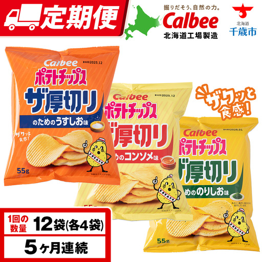 【定期便5カ月】ザ厚切りのための ３種セット うすしお・コンソメ・のりしお 各4袋 カルビー ポテトチップス 《千歳工場製造》