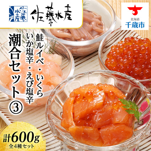 佐藤水産 潮合セット3.鮭ルイベ・いくら・いか塩辛・えび塩辛　【魚貝類・サーモン・えび・塩辛・鮭・イカ・魚貝類・漬魚・いくら・醤油漬け】