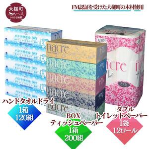 ティッシュ5箱、ハンドタオル5箱、トイレットペーパー(ダブル)12個(ナクレ製品お試しセット)ナクレ 日用品 まとめ買い 日用雑貨 紙 消耗品 生活必需品 大容量 備蓄 [物価高騰対策]