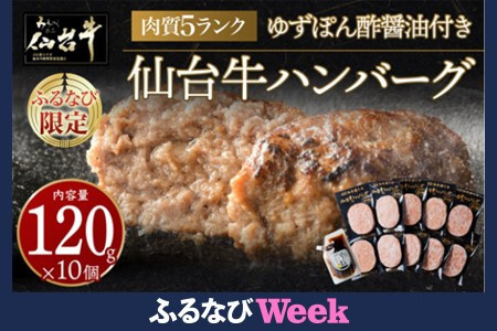 [ふるなびWEEK対象]肉質最高5ランク 仙台牛100%ハンバーグ120g×10個セット 1.2 kg (ゆずぽん酢醤油付き) ハンバーグ ● FN-Limited