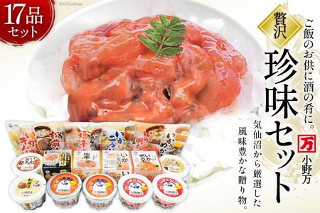 塩辛 珍味 17品セット [小野万 宮城県 気仙沼市 20564702] おかず おつまみ 酒の肴 詰め合わせ セット 冷蔵 いか イカ 塩辛 数の子 松前漬 こうじ漬け キムチ めかぶ 明太子