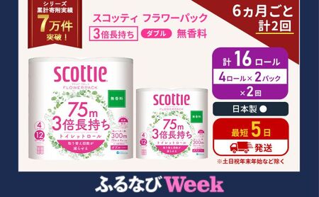 [ふるなびWEEK対象]定期便 トイレットペーパー ダブル 3倍 長持ち 4ロール入×2パック スコッティ フラワーパック 無香料[6ヶ月ごと計2回] トイレット ペーパー セット 節約 日用品 日用雑貨 備蓄 備蓄用 防災 防災グッズ 災害 3倍巻き 倍巻 宮城県 岩沼