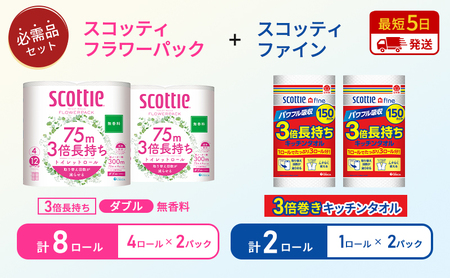 [岩沼市オリジナル]キッチンペーパー 2パック入 スコッティ ファイン 1ロール 3倍 150カット トイレットペーパー ダブル 3倍 長持ち 4ロール入×2パック スコッティ フラワーパック 無香料 長持ち 防災 災害 日用品 生活用品 生活必需品