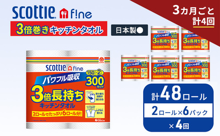 定期便 キッチンペーパー スコッティ 48ロール ファイン キッチンタオル 3倍巻き 150カット ペーパータオル 2ロール × 6パック《 3ヶ月ごと計4回 》