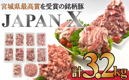 [蔵王町産]JAPAN X 豚肉バラエティセット 3.2kg 豚肉 豚 ブランド豚 小分け 豚小間 豚こま ひき肉 切落し 豚バラ 豚ロース ジャパンエックス 蔵王 人気 [04301-0366]