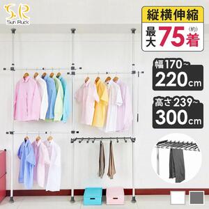 突っ張り棒 ハンガーラック 2段 幅170-220cm 伸縮 耐荷重100kg 高さ調節 天井突っ張り式 つっぱり棒 ロング ポールハンガー 強力 服 衣類 収納 部屋干し 室内物干し 物干し竿 洗濯物 一人暮らし 新生活 白 ホワイト SunRuck