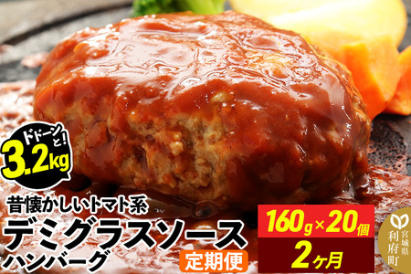 [定期便2ヶ月]ドドンと3.2kg!昔懐かしいトマト系デミグラスソースハンバーグ (160g×20個)×2回 肉 洋食 簡単 大容量 湯煎 湯せん 個包装