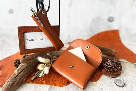 レザー3点セット ブラウン (ネームフォルダー、ペンフォルダー、カードケース)｜名刺入れ 文房用品 事務用品 ビジネス 手作り [0355]