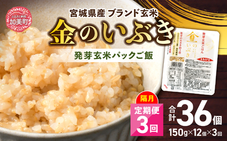 米 [3回 隔月 定期便] 宮城県産 金のいぶき 発芽玄米 パックごはん 12個×3回 総計36個 [JA加美よつば(生活課) 宮城県 加美町 44581466]米 ご飯 レトルトご飯 ひとり暮らし 非常食 防災 備蓄用