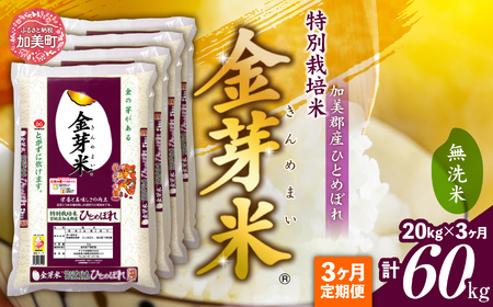 無洗米[ 定期便 3回 ]米 金芽米 令和6年 宮城県 加美産 金芽米 ひとめぼれ 無洗米 特別栽培米 計 60kg ( 20kg × 3回 ) ひとめぼれ 特別栽培米 [ 宮城県 加美町 ]km00016-r6-20kg-t3