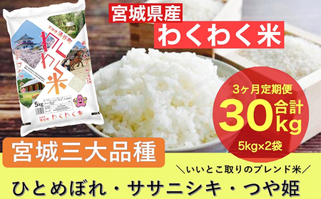 [3ヶ月定期便]宮城県産三大銘柄いいとこ取りブレンド米 わくわく米 5kg×2袋入 計30kg
