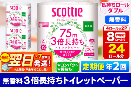 《6ヶ月ごとに2回お届け》定期便 トイレットペーパー スコッティ フラワーパック 3倍長持ち〈無香料〉4ロール(ダブル)×2パック 秋田市オリジナル 最短翌日発送