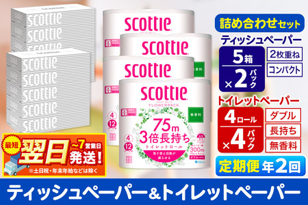 最短翌日発送 [6ヶ月ごとに2回お届け]定期便 トイレットペーパー スコッティ 3倍長持ち 無香料 4ロール(ダブル)×4P & ティッシュペーパー スコッティ10箱(5箱×2P) 秋田市オリジナル[レビューキャンペーン中]