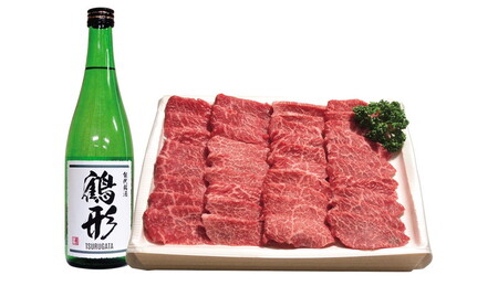 国産 牛肉 鶴形牛モモ焼肉用・大吟醸「鶴形」セット